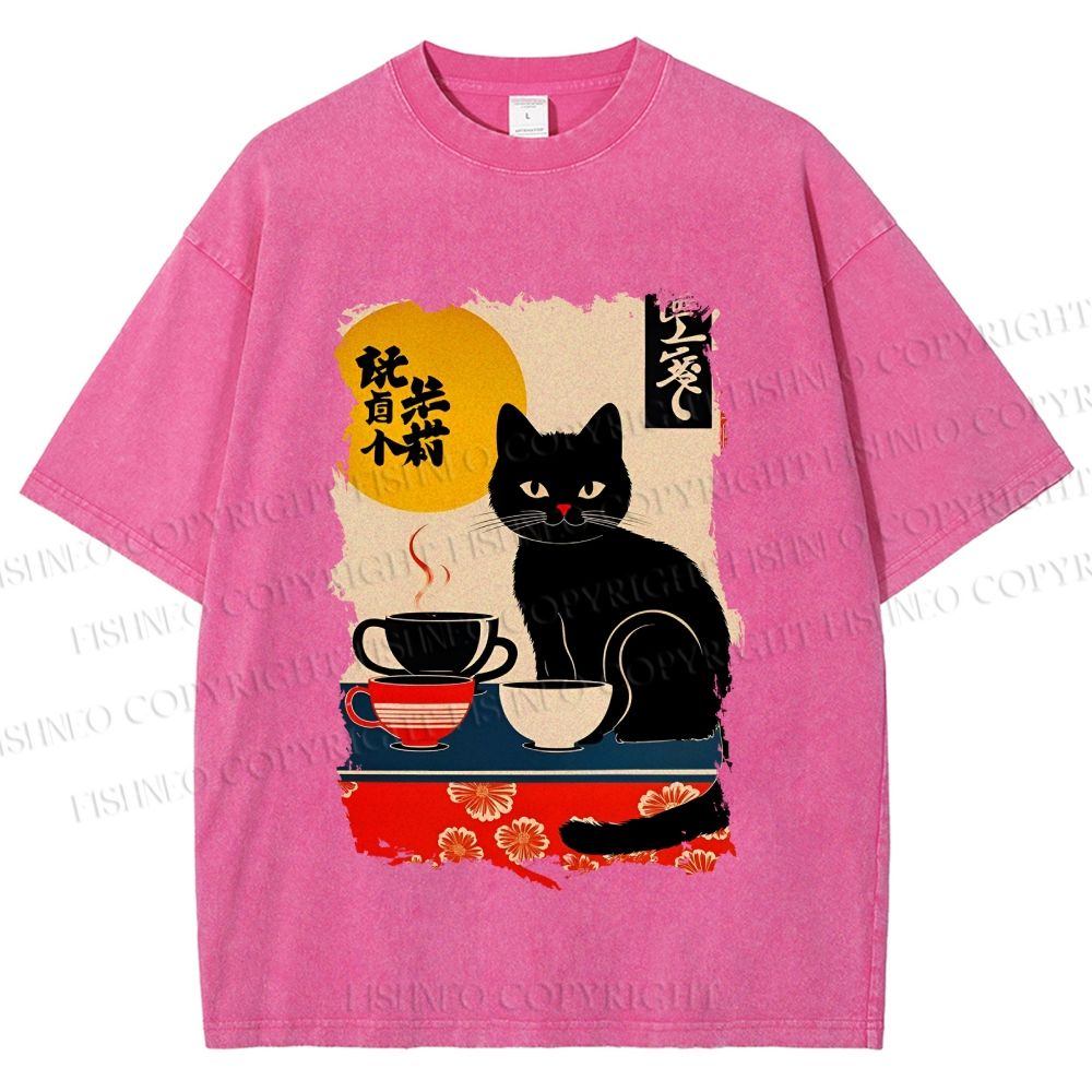 Unisex Vintage Japanese Black Cat Printed Washed Tee