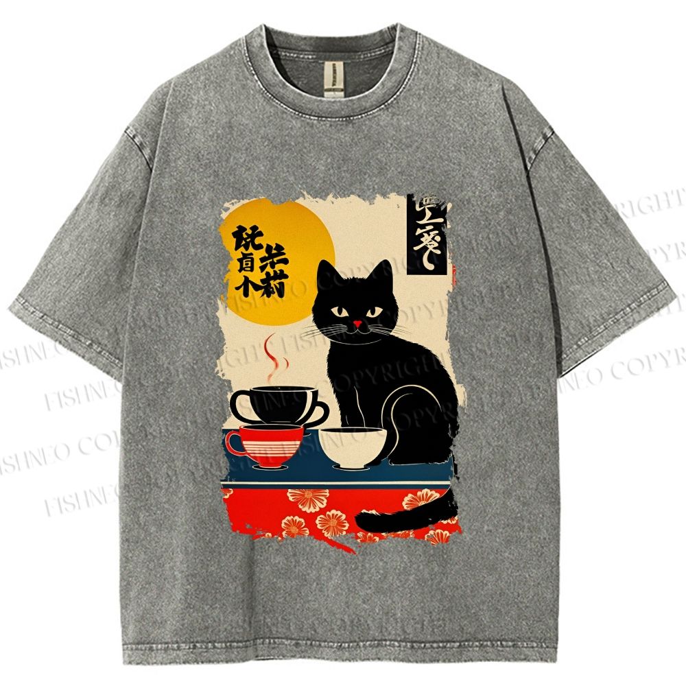 Unisex Vintage Japanese Black Cat Printed Washed Tee