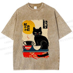 Unisex Vintage Japanese Black Cat Printed Washed Tee