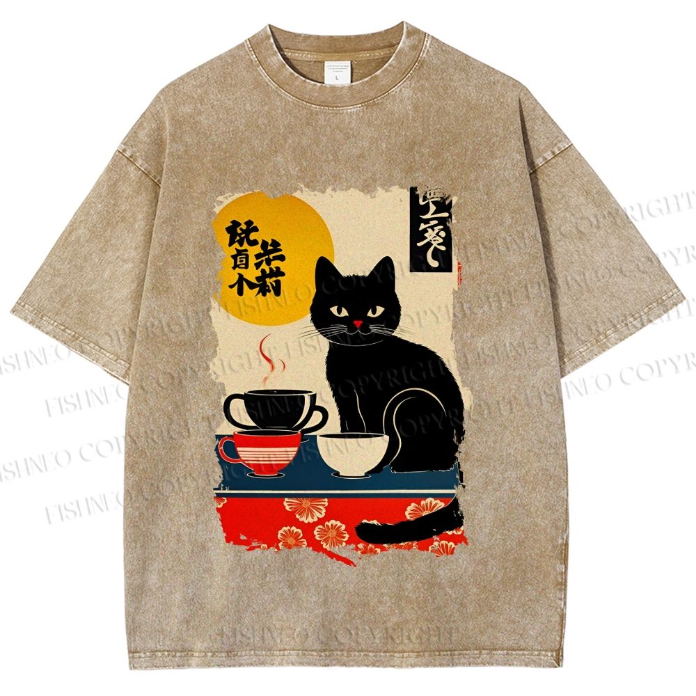 Unisex Vintage Japanese Black Cat Printed Washed Tee