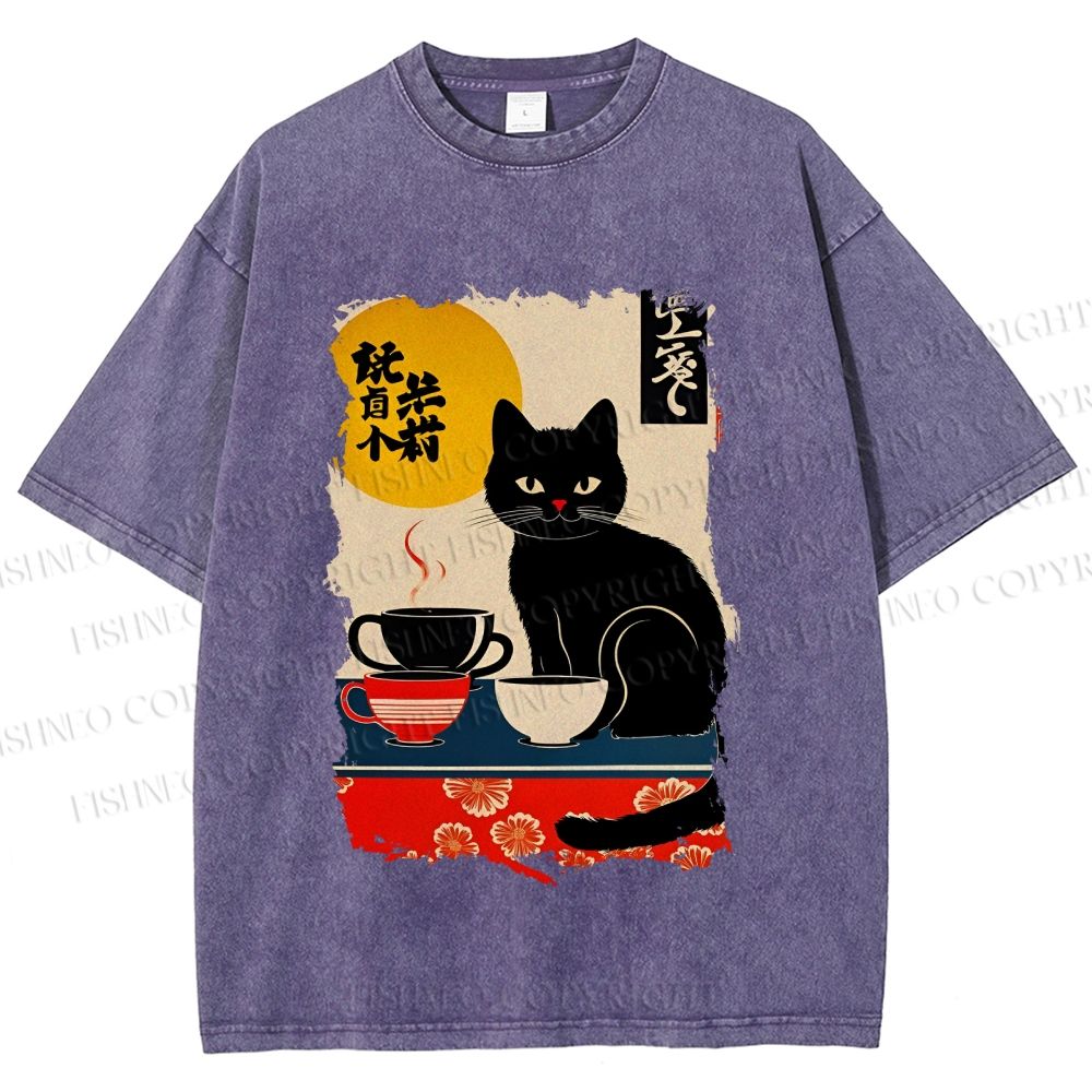 Unisex Vintage Japanese Black Cat Printed Washed Tee