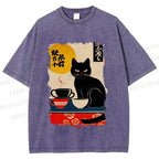 Unisex Vintage Japanese Black Cat Printed Washed Tee