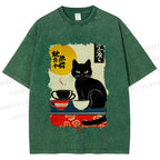 Unisex Vintage Japanese Black Cat Printed Washed Tee