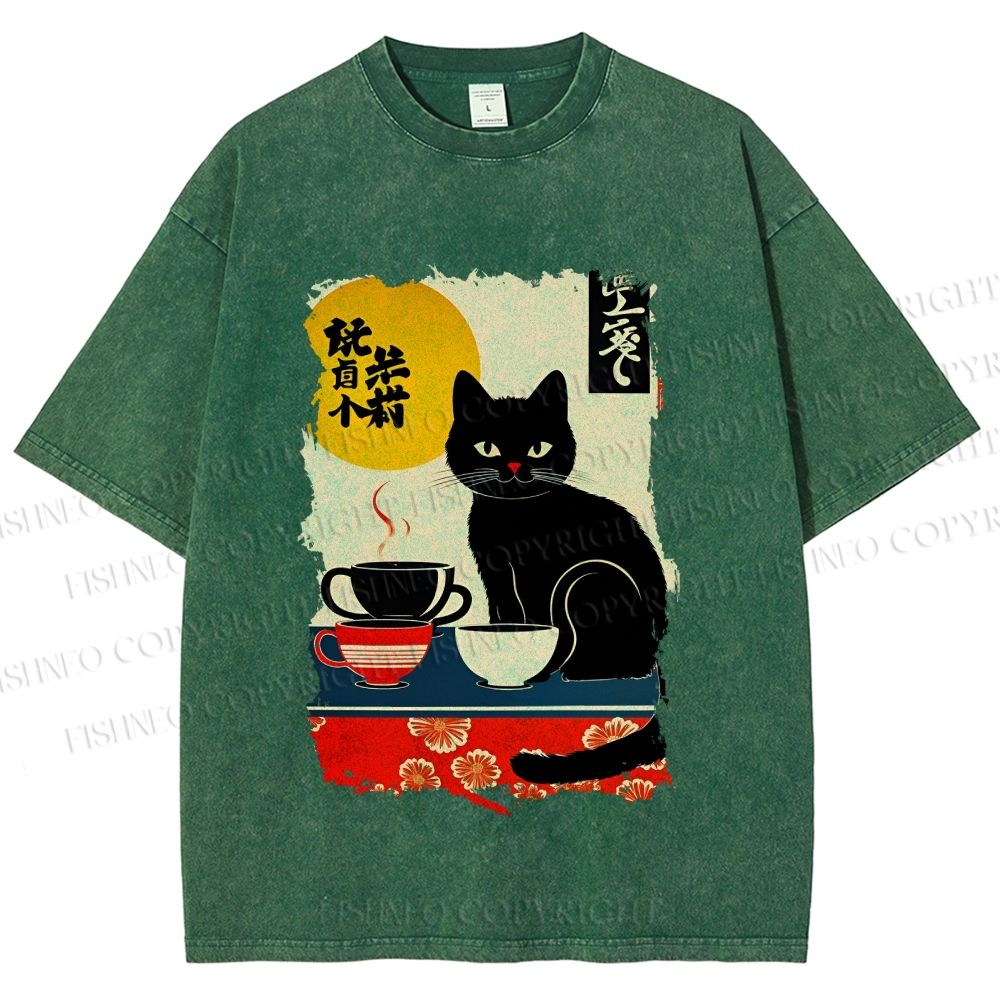 Unisex Vintage Japanese Black Cat Printed Washed Tee