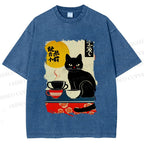 Unisex Vintage Japanese Black Cat Printed Washed Tee