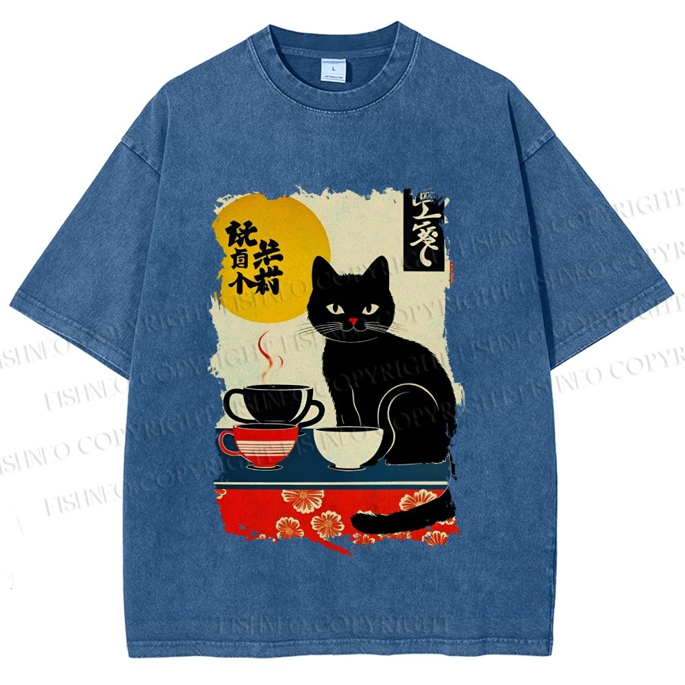 Unisex Vintage Japanese Black Cat Printed Washed Tee