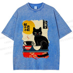 Unisex Vintage Japanese Black Cat Printed Washed Tee
