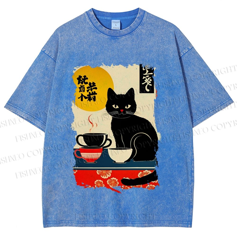 Unisex Vintage Japanese Black Cat Printed Washed Tee