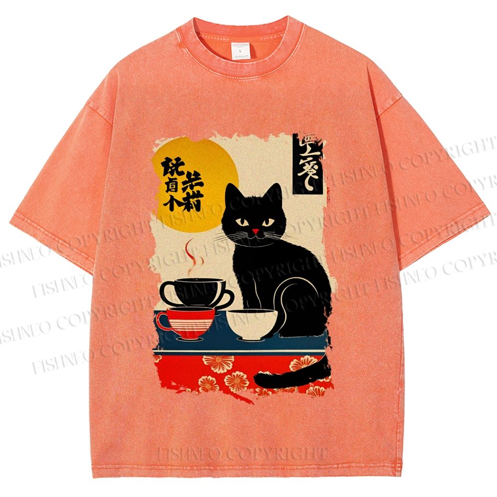 Unisex Vintage Japanese Black Cat Printed Washed Tee