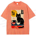 Unisex Vintage Japanese Black Cat Printed Washed Tee