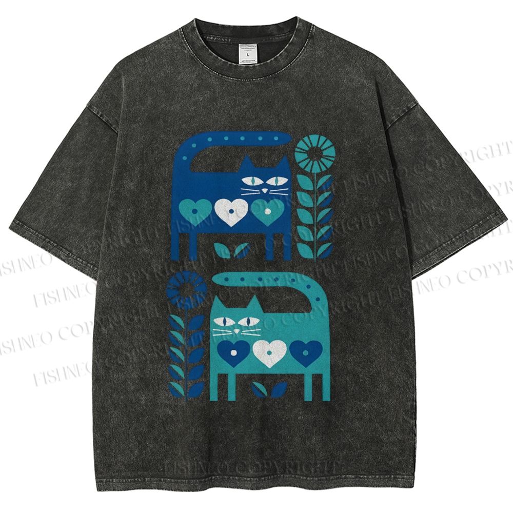 Unisex Blue Cats Printed Washed Tee