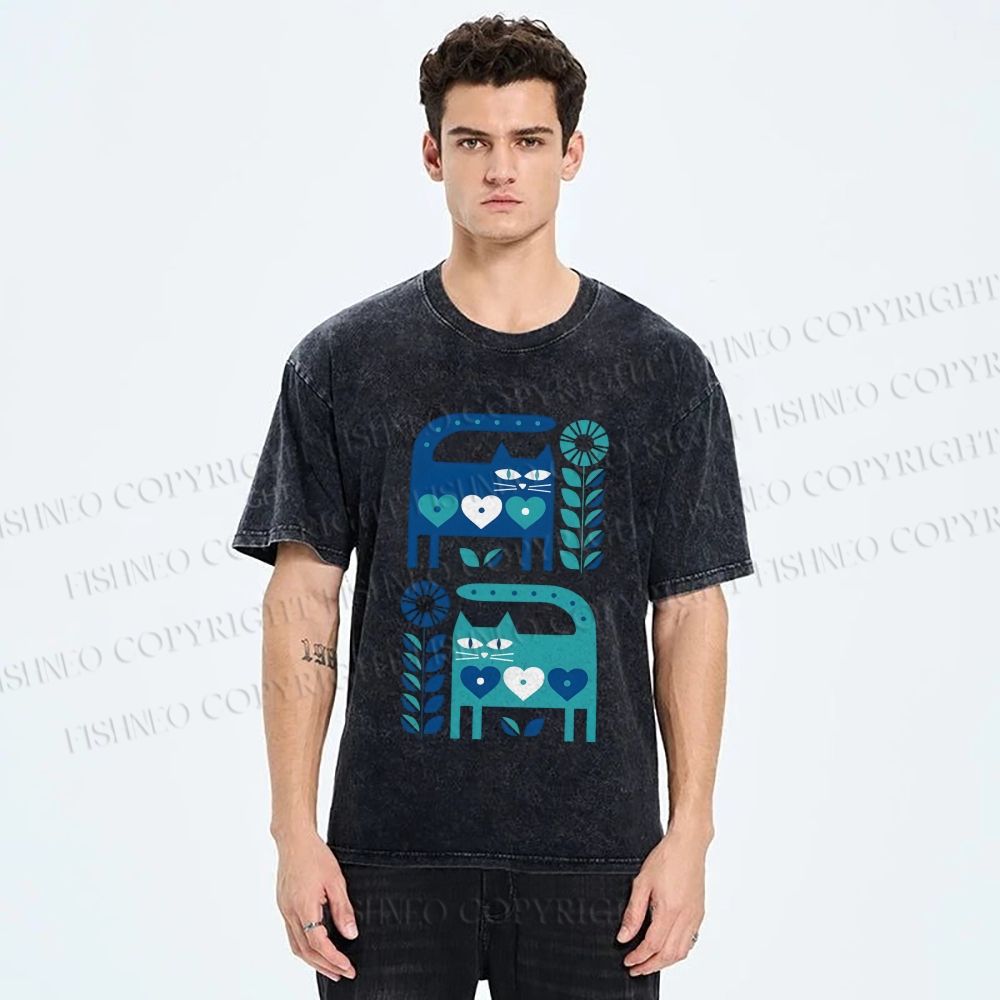 Unisex Blue Cats Printed Washed Tee