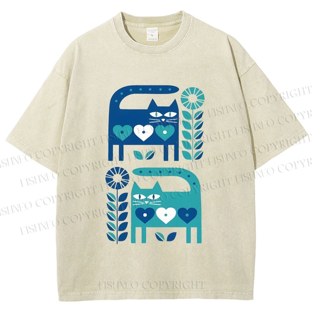 Unisex Blue Cats Printed Washed Tee