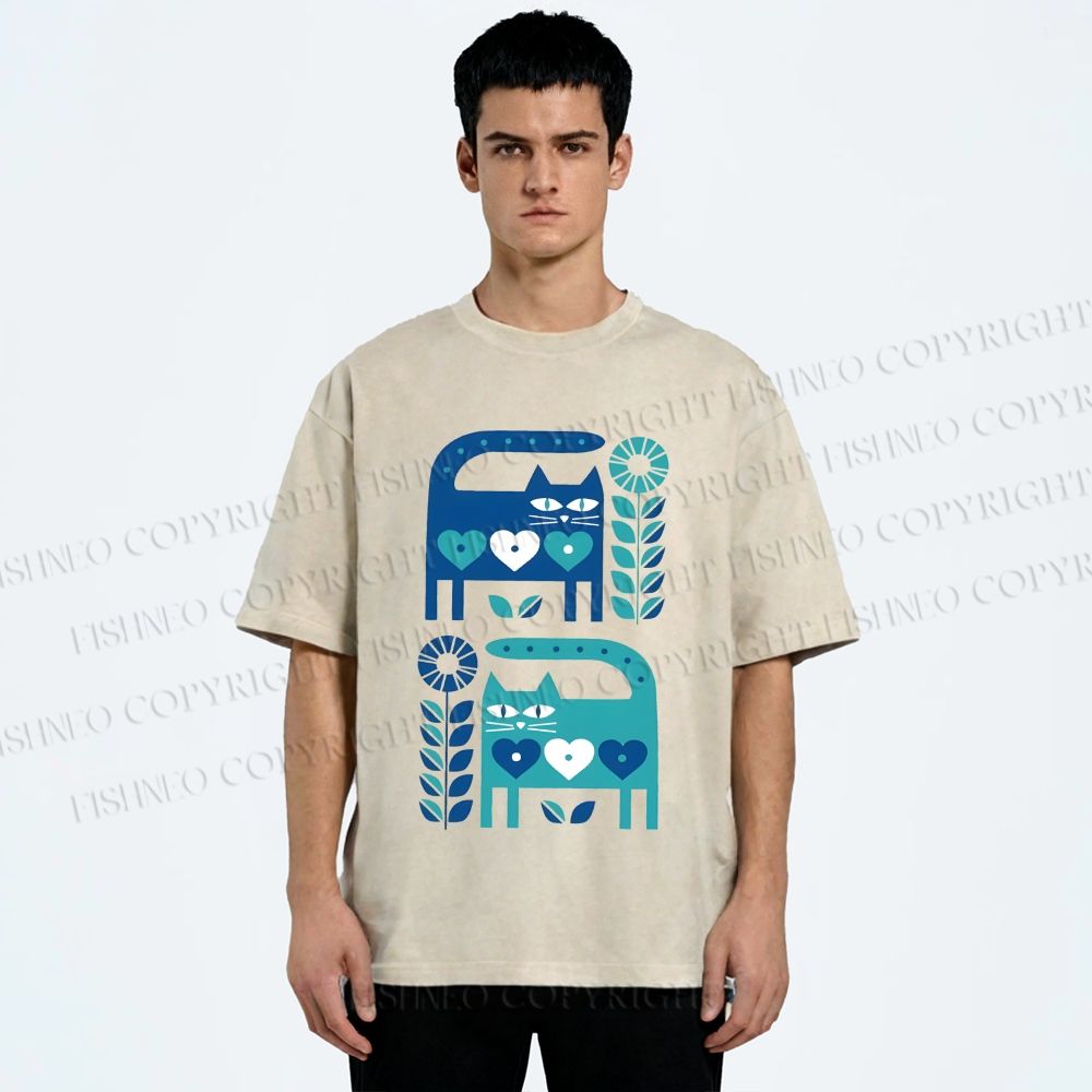 Unisex Blue Cats Printed Washed Tee