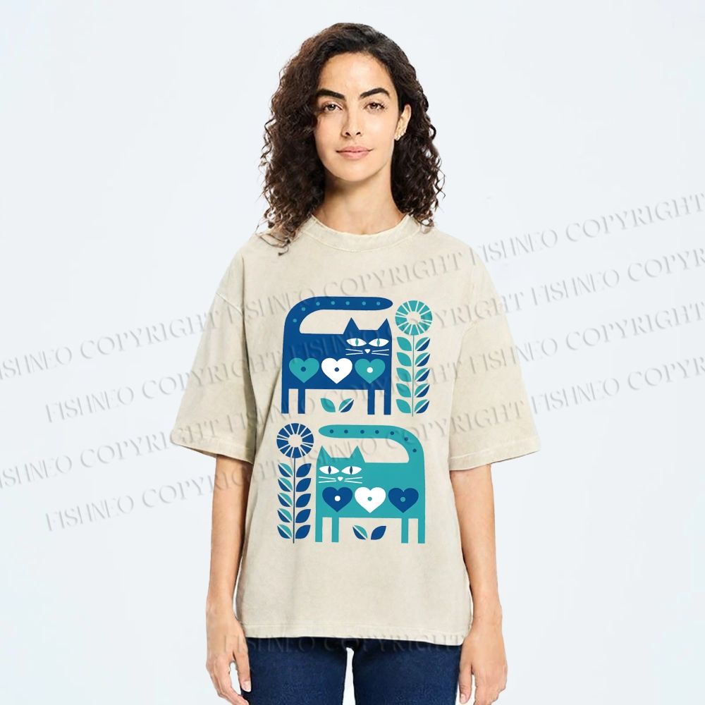 Unisex Blue Cats Printed Washed Tee