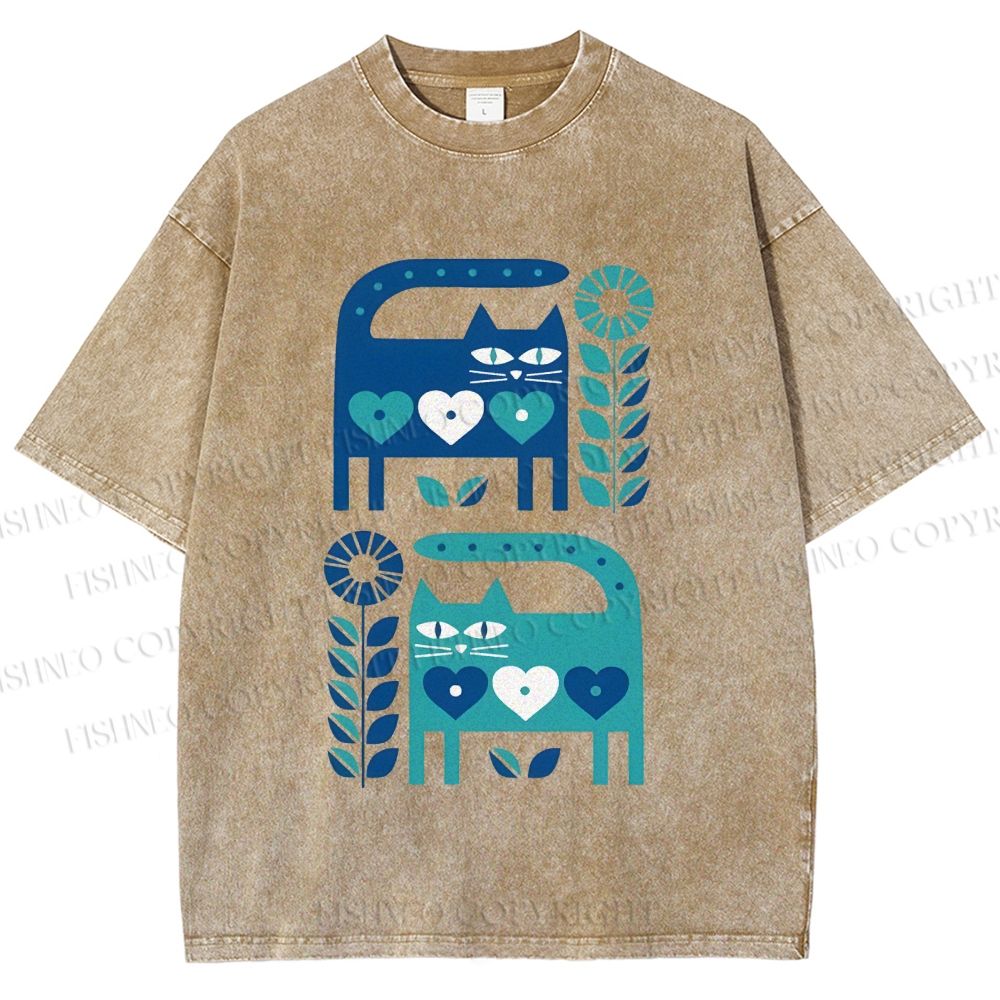 Unisex Blue Cats Printed Washed Tee