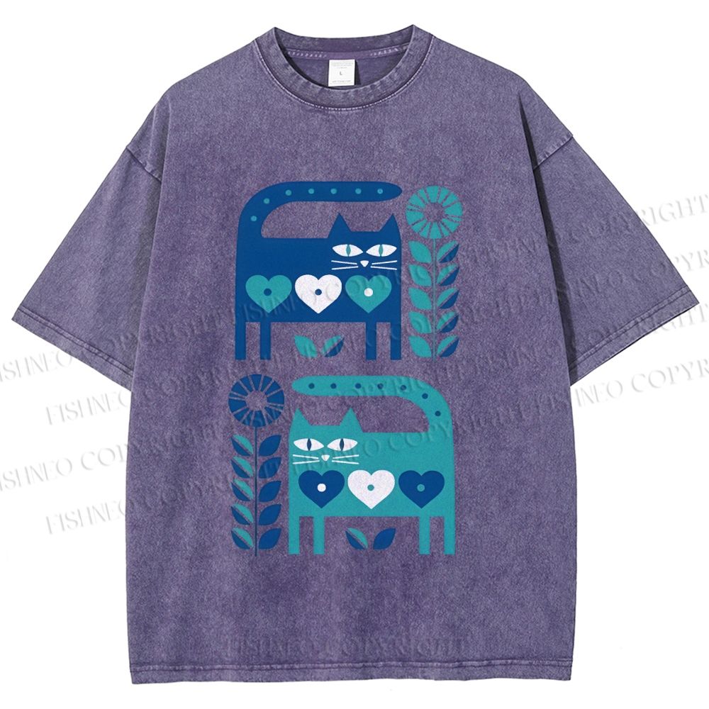 Unisex Blue Cats Printed Washed Tee