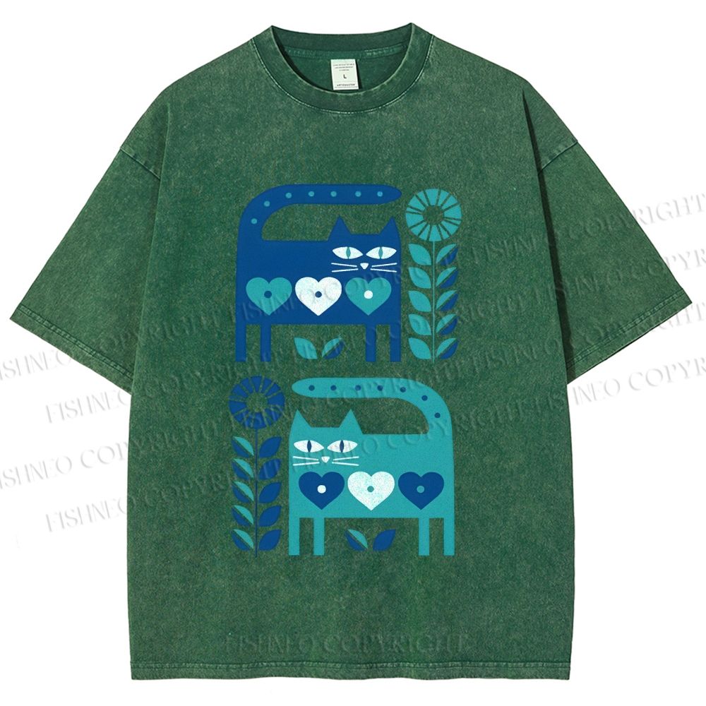 Unisex Blue Cats Printed Washed Tee