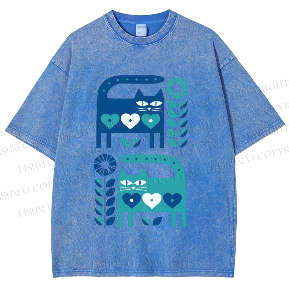 Unisex Blue Cats Printed Washed Tee