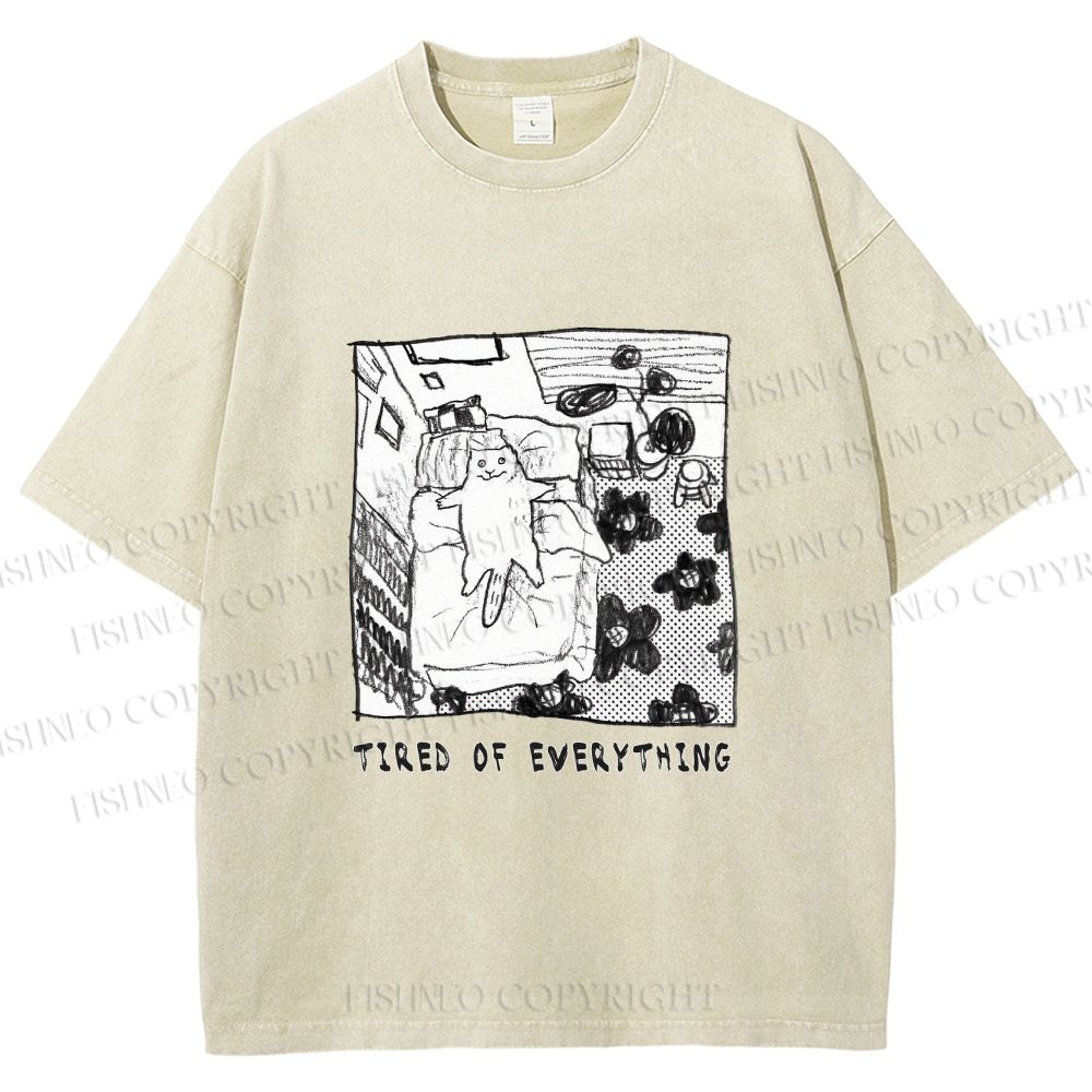 Unisex Cat in Bed Tired of Everything Printed Washed Tee