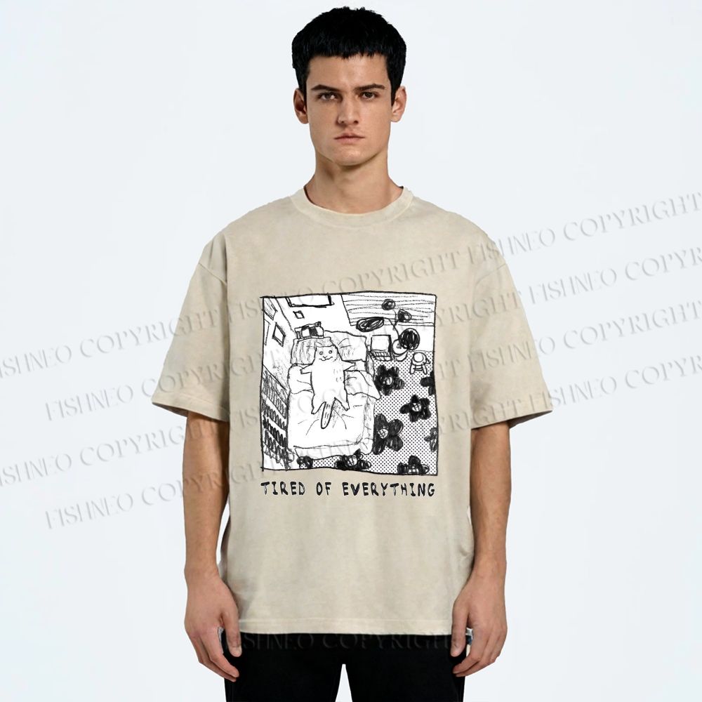Unisex Cat in Bed Tired of Everything Printed Washed Tee