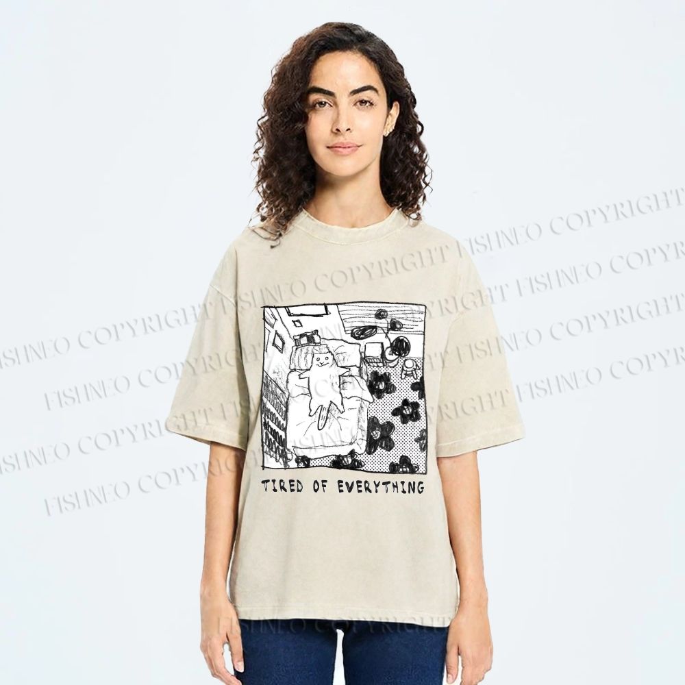 Unisex Cat in Bed Tired of Everything Printed Washed Tee