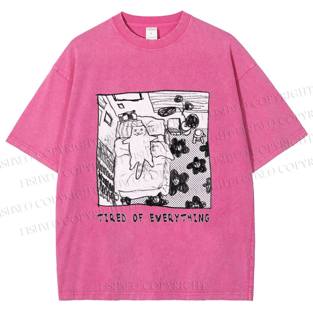 Unisex Cat in Bed Tired of Everything Printed Washed Tee