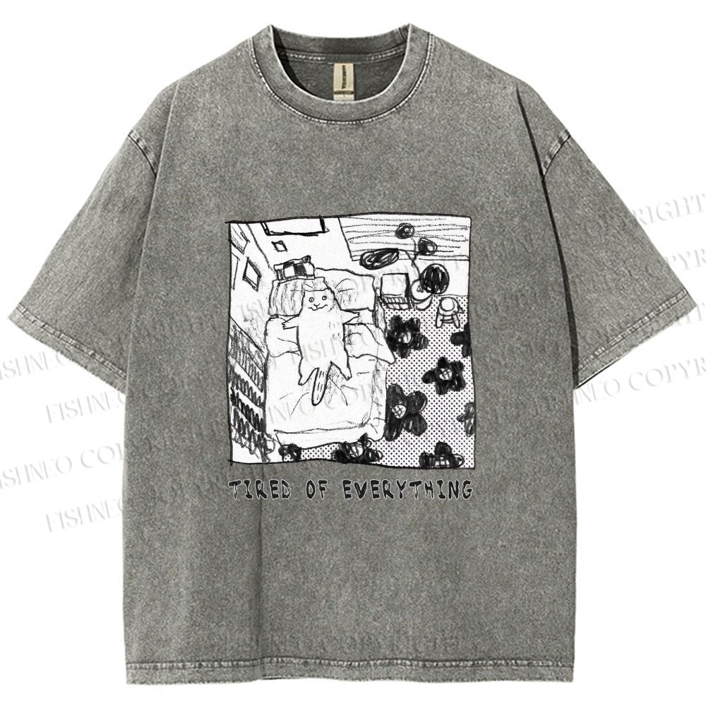 Unisex Cat in Bed Tired of Everything Printed Washed Tee