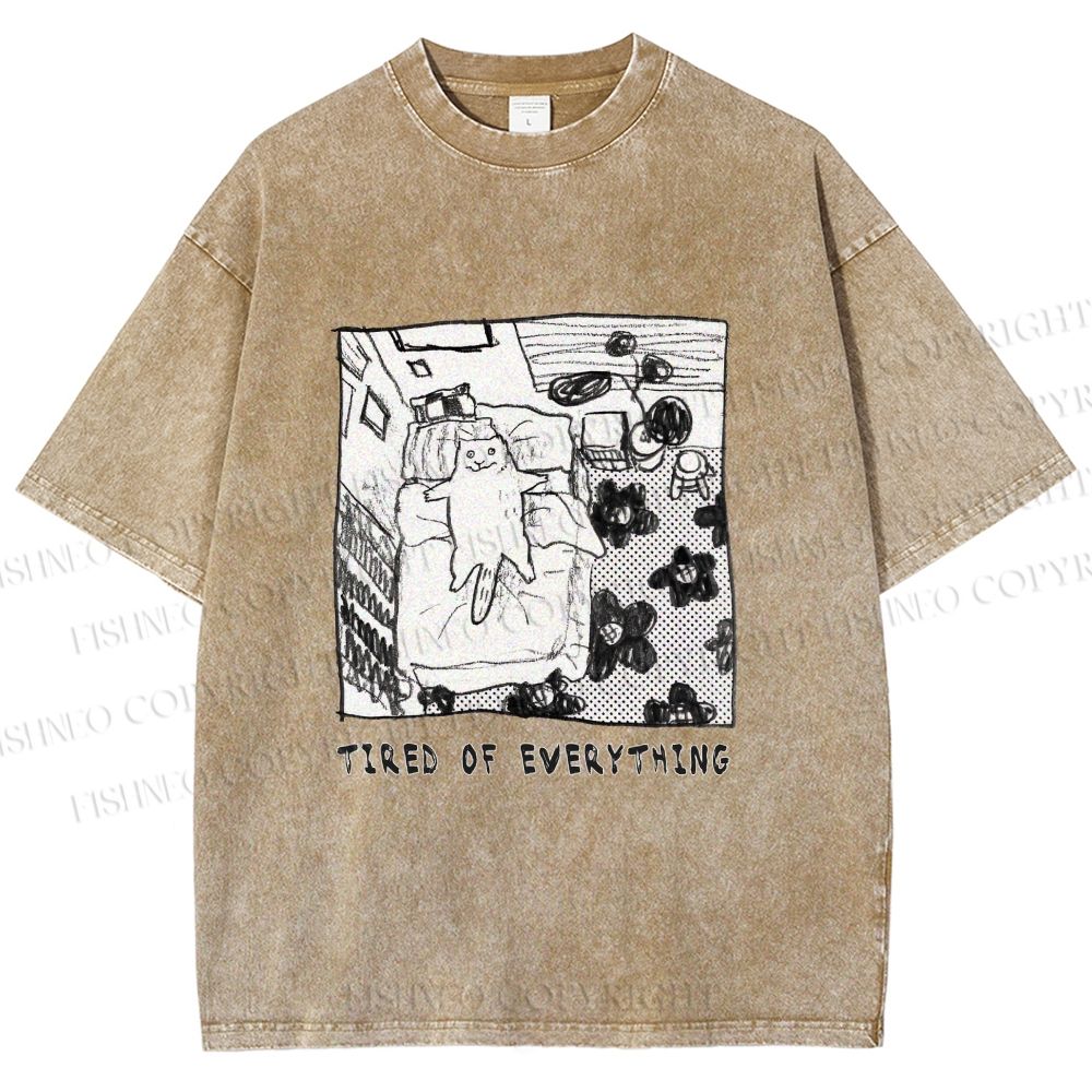 Unisex Cat in Bed Tired of Everything Printed Washed Tee