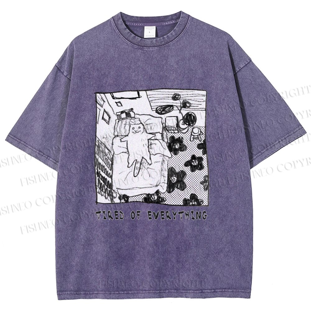 Unisex Cat in Bed Tired of Everything Printed Washed Tee