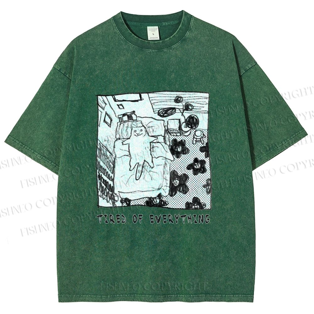 Unisex Cat in Bed Tired of Everything Printed Washed Tee