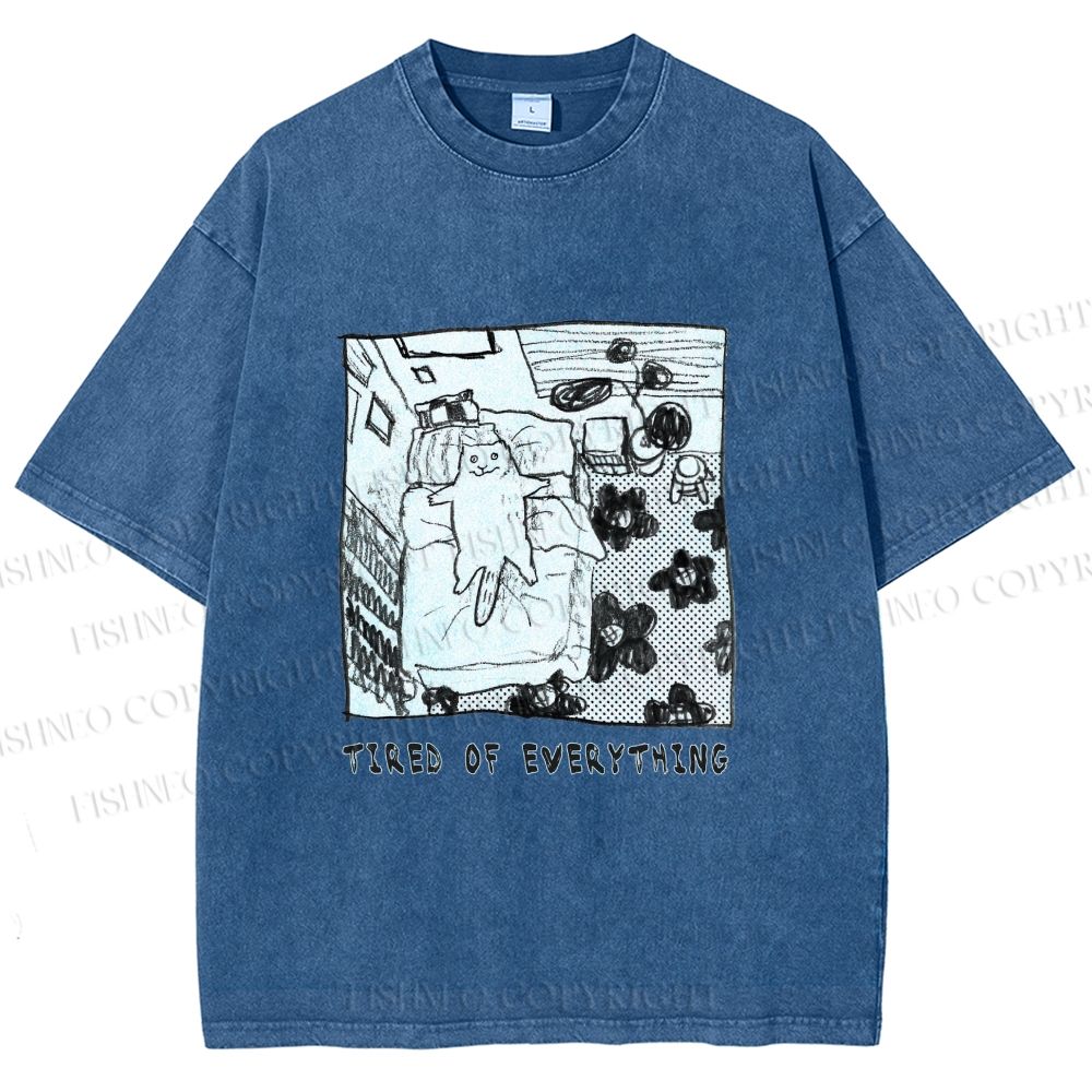 Unisex Cat in Bed Tired of Everything Printed Washed Tee