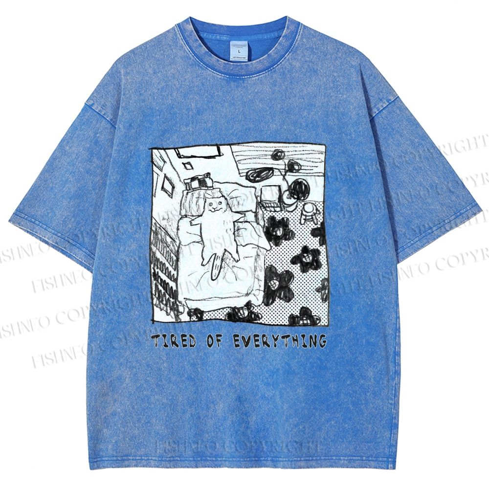 Unisex Cat in Bed Tired of Everything Printed Washed Tee