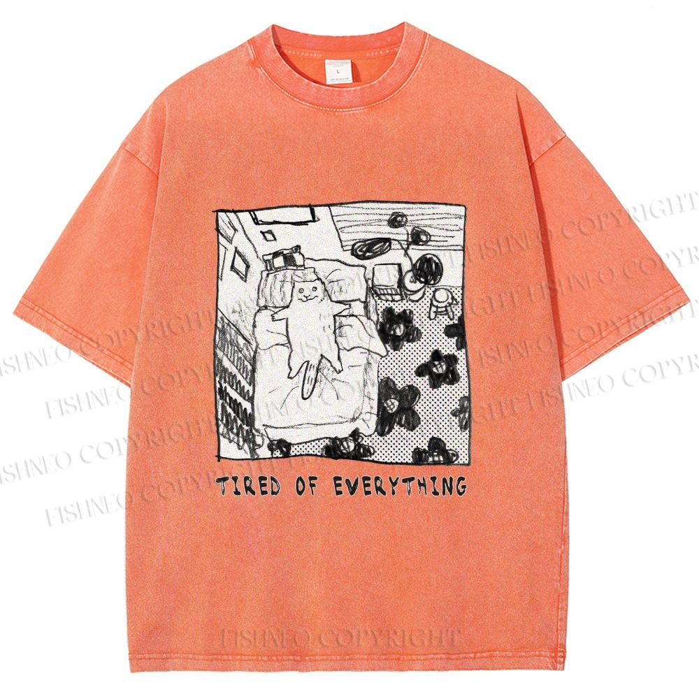 Unisex Cat in Bed Tired of Everything Printed Washed Tee