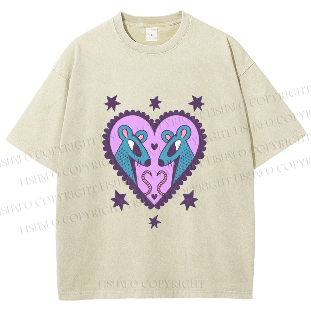 Unisex Blue Rats in Heart Printed Washed Tee