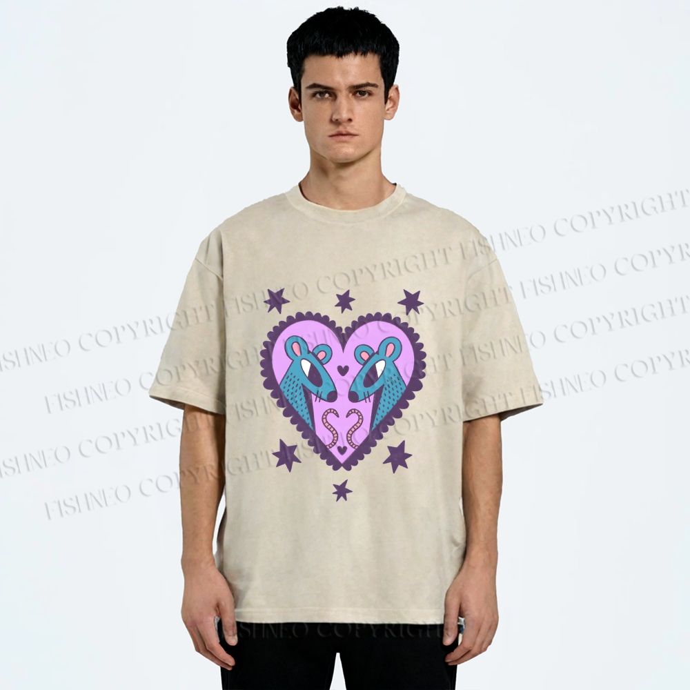 Unisex Blue Rats in Heart Printed Washed Tee