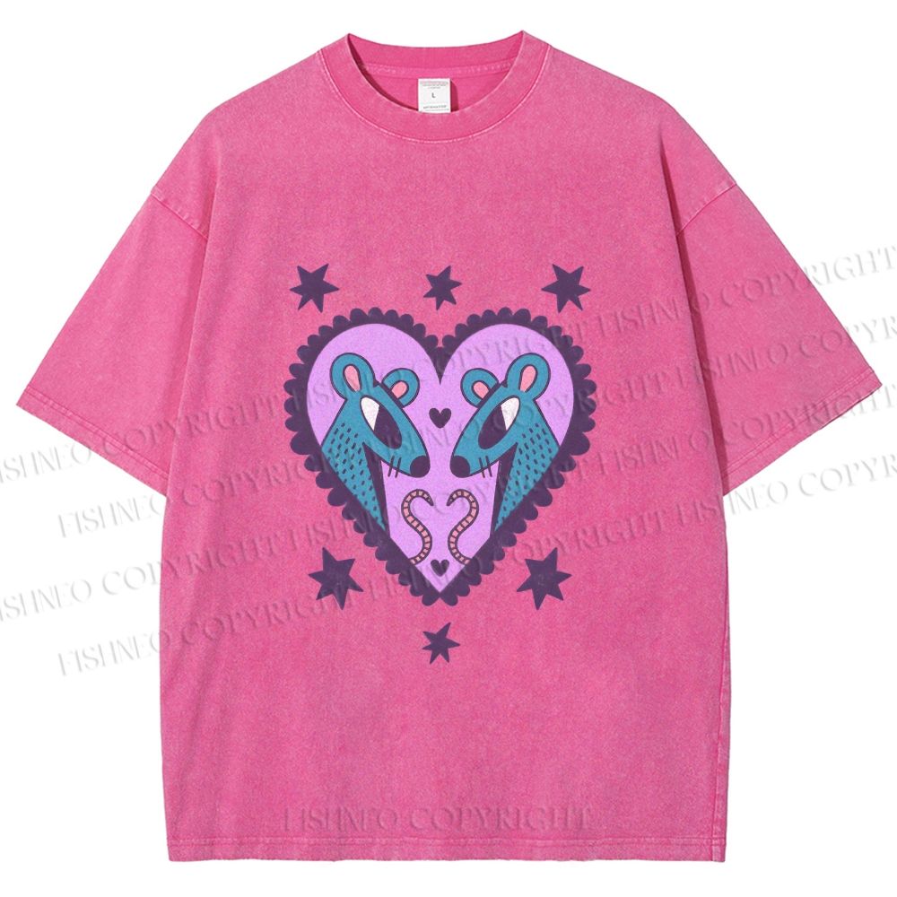 Unisex Blue Rats in Heart Printed Washed Tee
