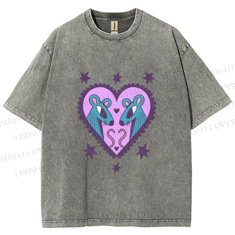 Unisex Blue Rats in Heart Printed Washed Tee