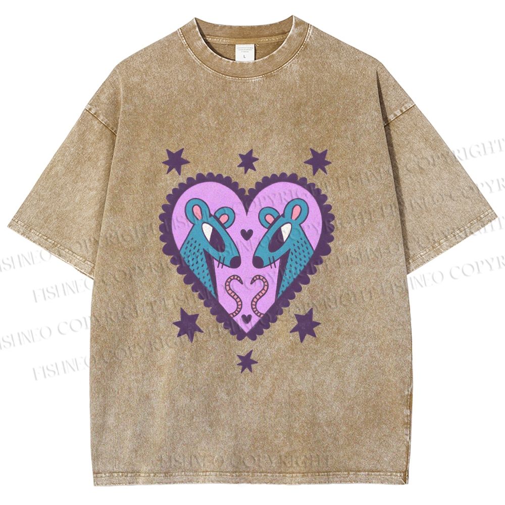 Unisex Blue Rats in Heart Printed Washed Tee