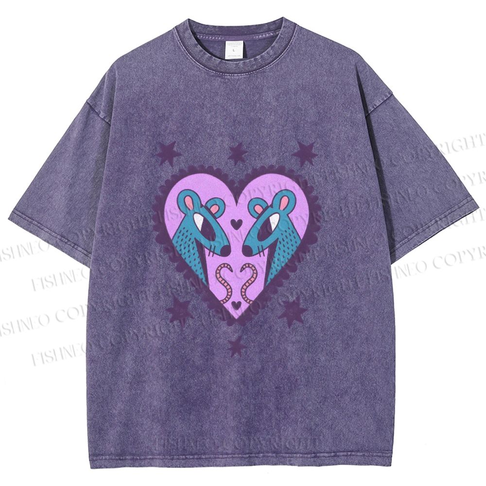 Unisex Blue Rats in Heart Printed Washed Tee