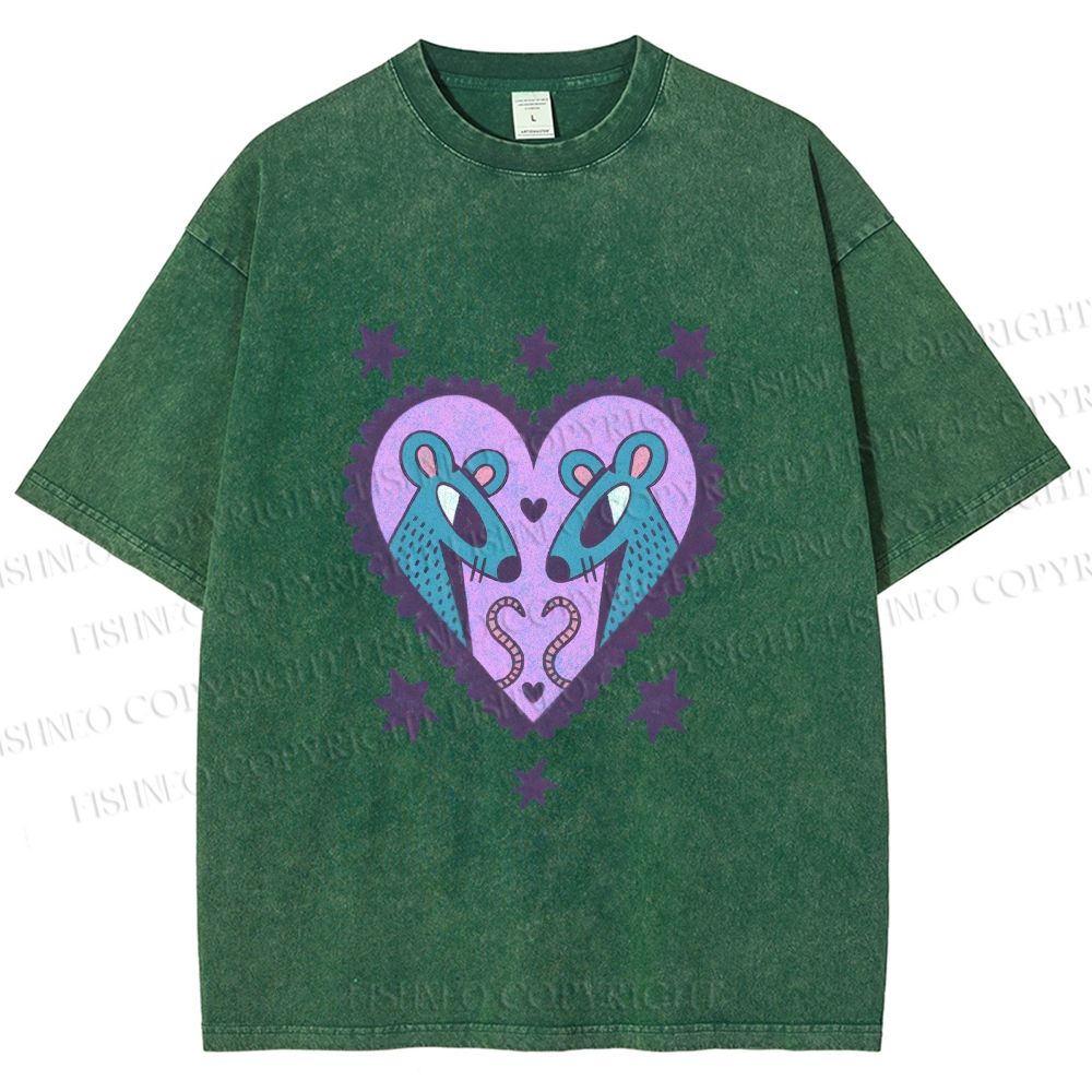 Unisex Blue Rats in Heart Printed Washed Tee