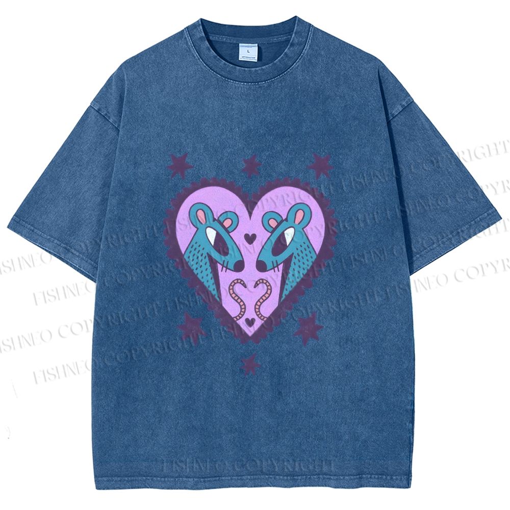 Unisex Blue Rats in Heart Printed Washed Tee