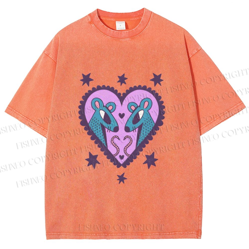 Unisex Blue Rats in Heart Printed Washed Tee