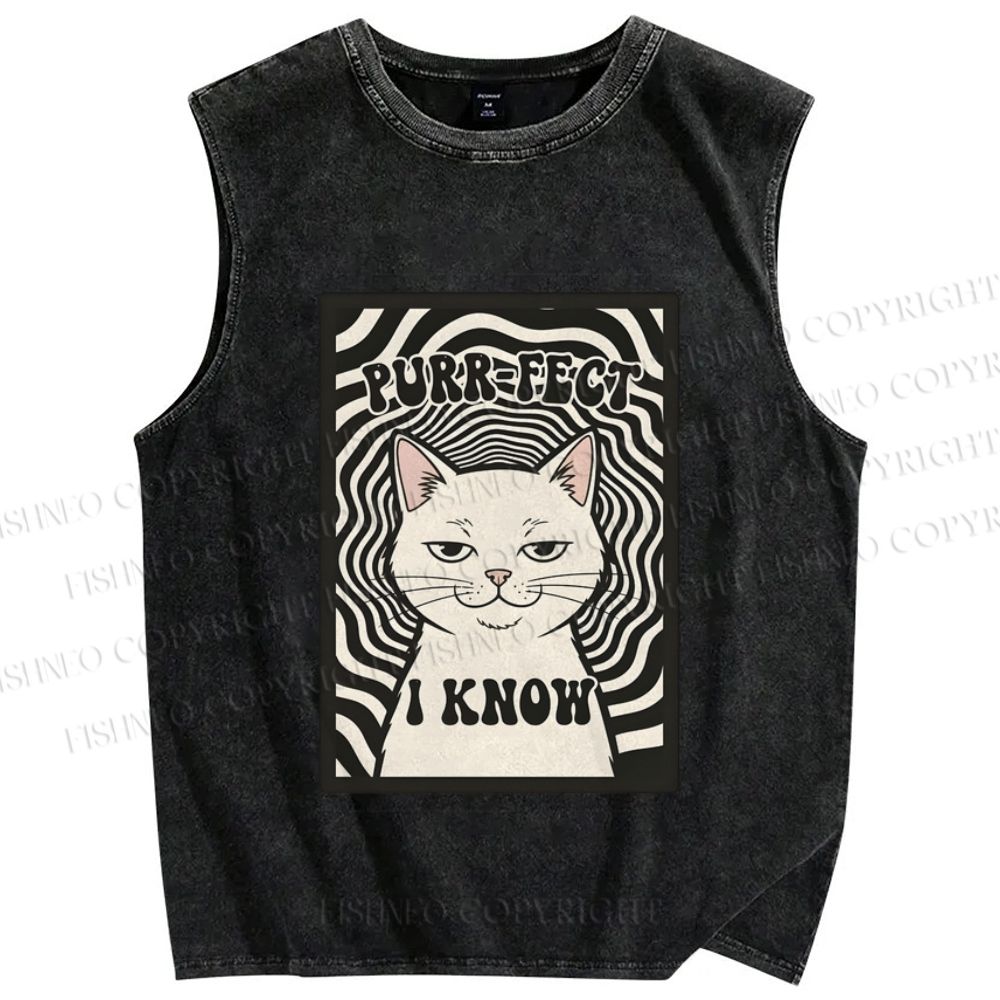 Unisex Purr-Fect I Know Cat Printed Washed Tank Top