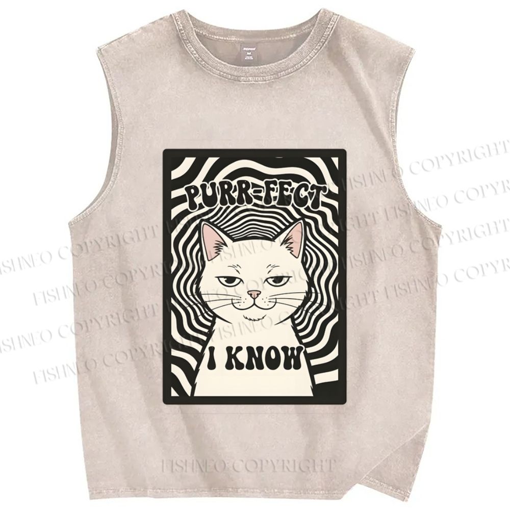Unisex Purr-Fect I Know Cat Printed Washed Tank Top
