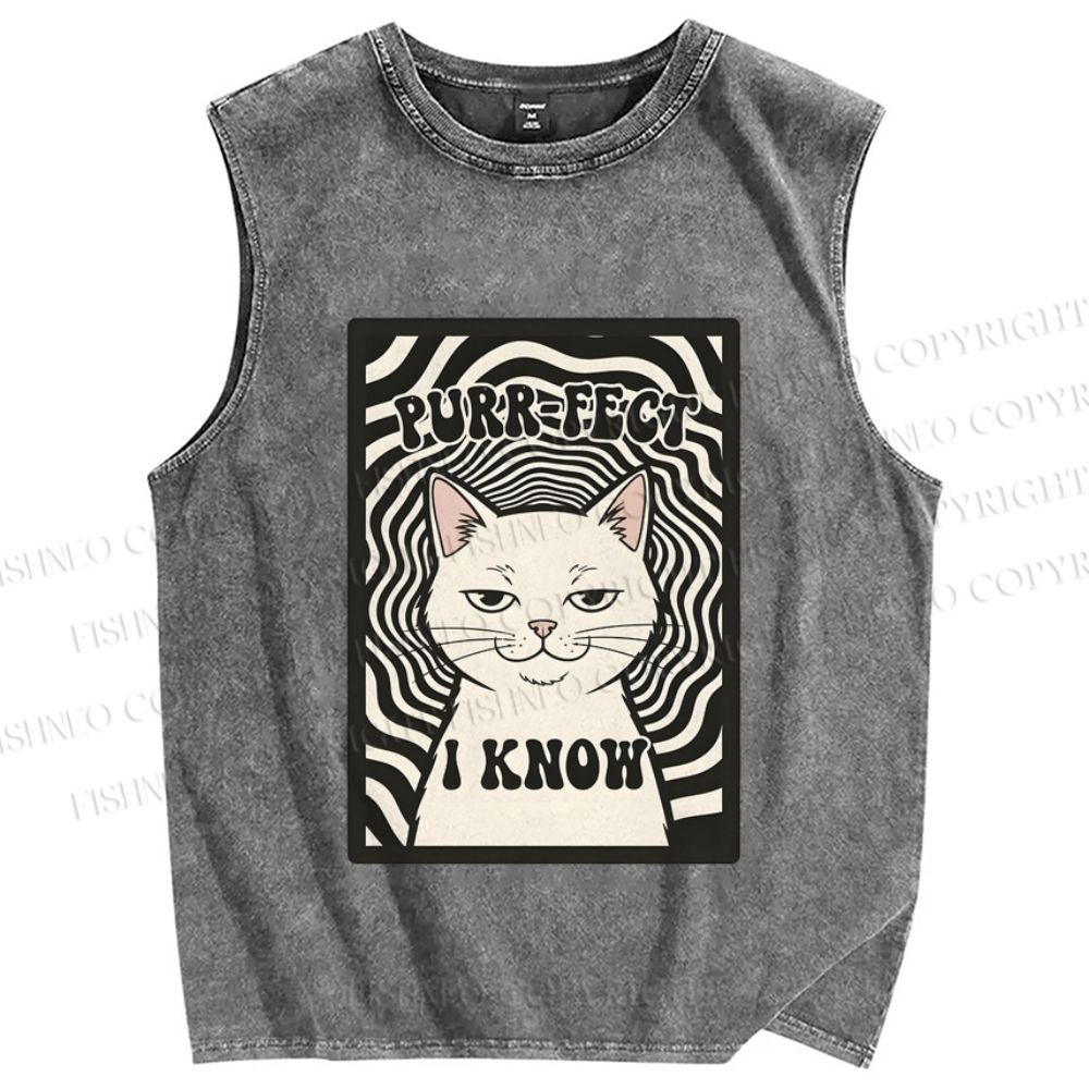 Unisex Purr-Fect I Know Cat Printed Washed Tank Top