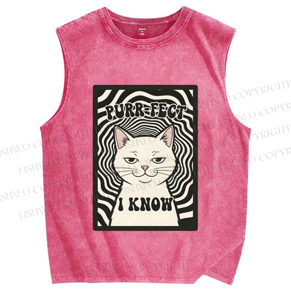 Unisex Purr-Fect I Know Cat Printed Washed Tank Top