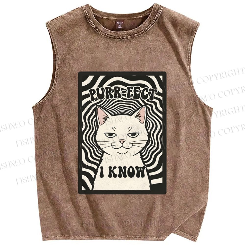 Unisex Purr-Fect I Know Cat Printed Washed Tank Top