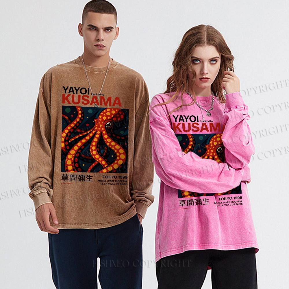 Unisex Casual Washed Yayoi Kusama Octopus Printed Long Sleeve T-shirt