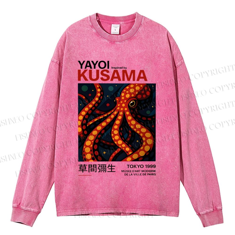 Unisex Casual Washed Yayoi Kusama Octopus Printed Long Sleeve T-shirt